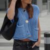 HUEAHDOU Button Down Sweater Vest Women,Oversized Sweater Vest Women Casual V Neck Houndstooth Knit Sweaters 2025 Fall Aesthetic Checkered Work Vests(Large,Blues) view 4