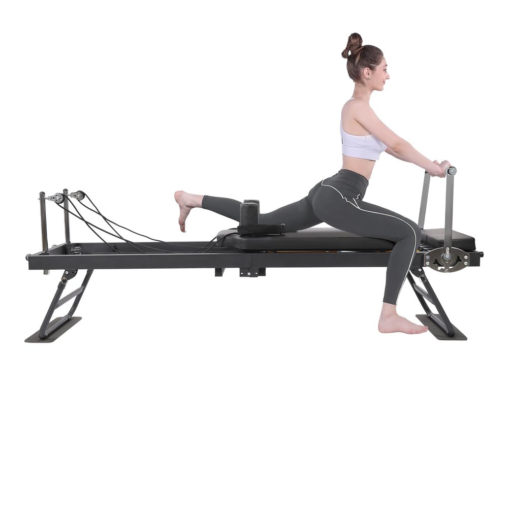 Pilates Reformer, Foldable Pilates Machine Equipment with 3 Adjustable Sliding Rope Heights & 2 Gears Spring Tension for Home Gym Workout Use, 260lbs Capacity (Black)