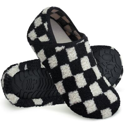 WateLves Women's & Men's Lightweight Cozy Faux Furry House Slippers - Rubber Sole Slip On Sock Shoes - Foldable Travel Slippers - Indoor & Outdoor (Black/White, 38/39)