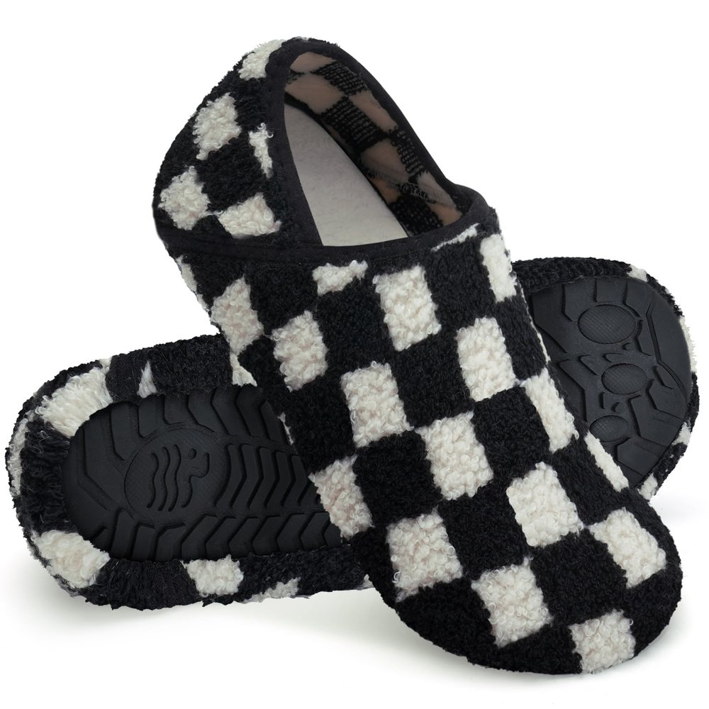 WateLves Women's & Men's Lightweight Cozy Faux Furry House Slippers - Rubber Sole Slip On Sock Shoes - Foldable Travel Slippers - Indoor & Outdoor (Black/White, 38/39)