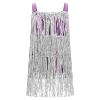 AFAVOM Toddler Girls Latin Dance Tassel Dress - 1920s Sleeveless Fringe Cami for Salsa, Flapper Ballroom, Cha Cha, Rumba, Tango, Samba, Swing - Silver, 6-7 Years