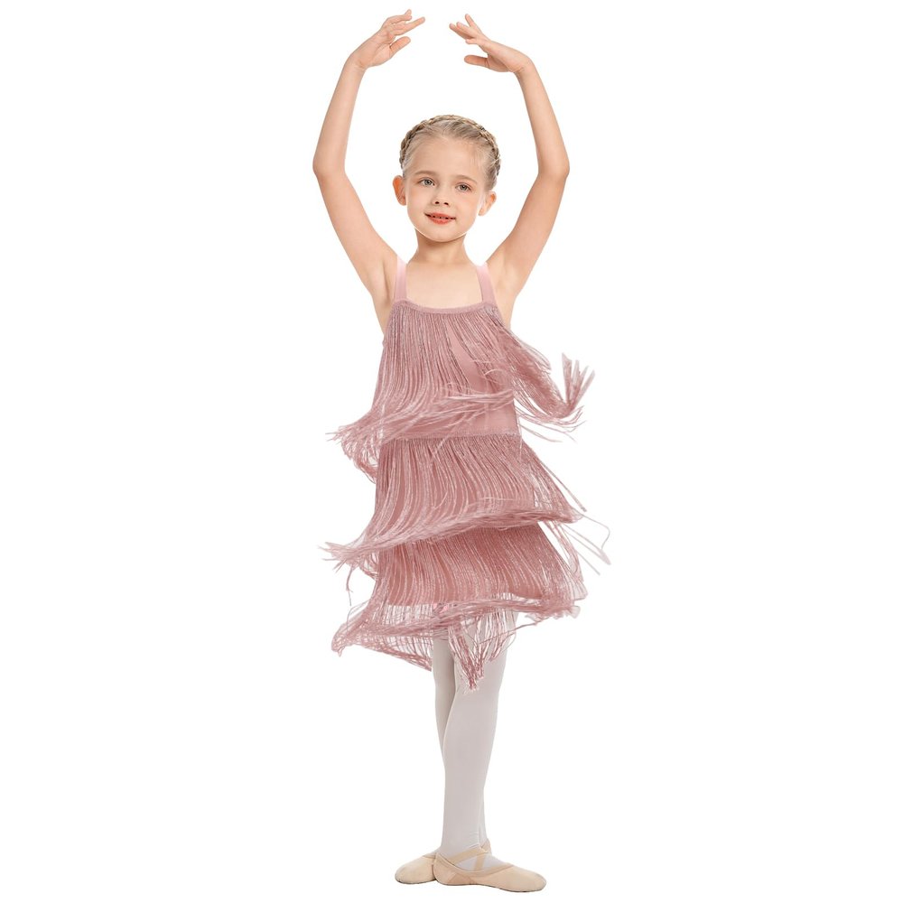 AFAVOM Toddler Girls Latin Dance Tassel Dress Sleeveless Fringe Cami Salsa Dress Dancewear Flapper Ballroom Dress Cha Cha Rumba Dancing Dress Kids Tango Samba Swing Dress Pink 6-7 Years