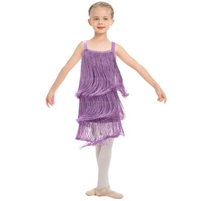 AFAVOM Toddler Girls Latin Dance Tassel Sleeveless Fringe Cami Salsa Dancewear 1920s Flapper Ballroom Cha Cha Rumba Dancing Kids Tango Samba Swing Dress - Purple 3-4 Years