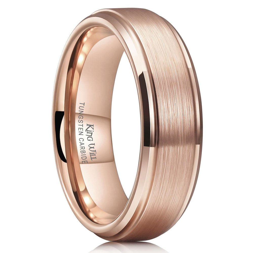 King Will Tungsten Wedding Rings For Men & Women Rose Gold Wedding Band 6mm Brushed Step Edge Polished Engagement Ring Comfort Fit Size 14