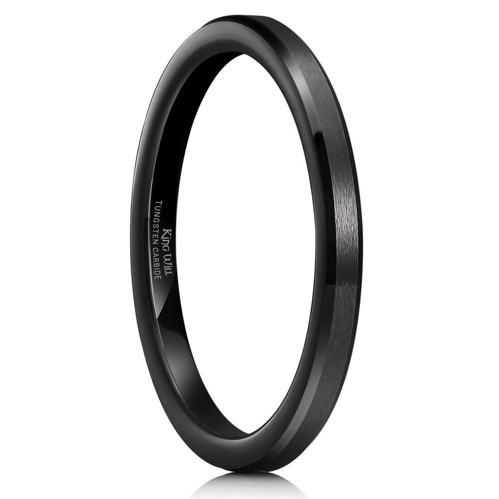King Will 2mm Black Tungsten Men's Wedding Band - Brushed Matte Finish, Beveled Polished Edge, Comfort Fit Size 9