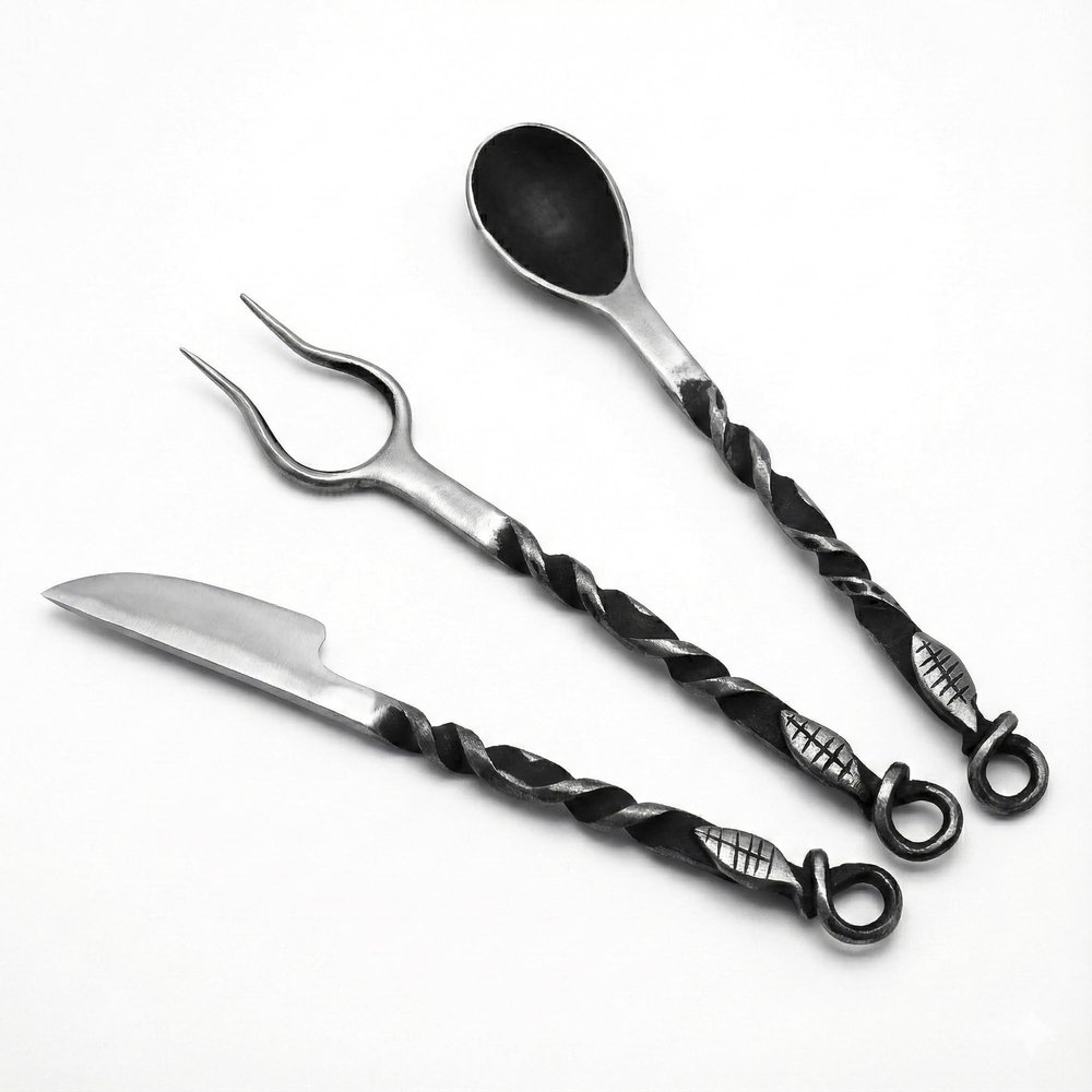 Lord of Battles Medieval Cutlery Set Functional Camp Gear Rustic Viking Cutlery Set | Pack of Medieval Knife, Fork, Spoon | Handforged Feating Set (Mild Steel)