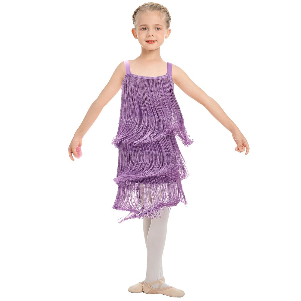 AFAVOM Toddler Girls Latin Dance Tassel Dress Sleeveless Fringe Cami Salsa Dress Dancewear 1920s Flapper Ballroom Dress Cha Cha Rumba Dancing Dress Kids Tango Samba Swing Dress Purple 6-7 Years