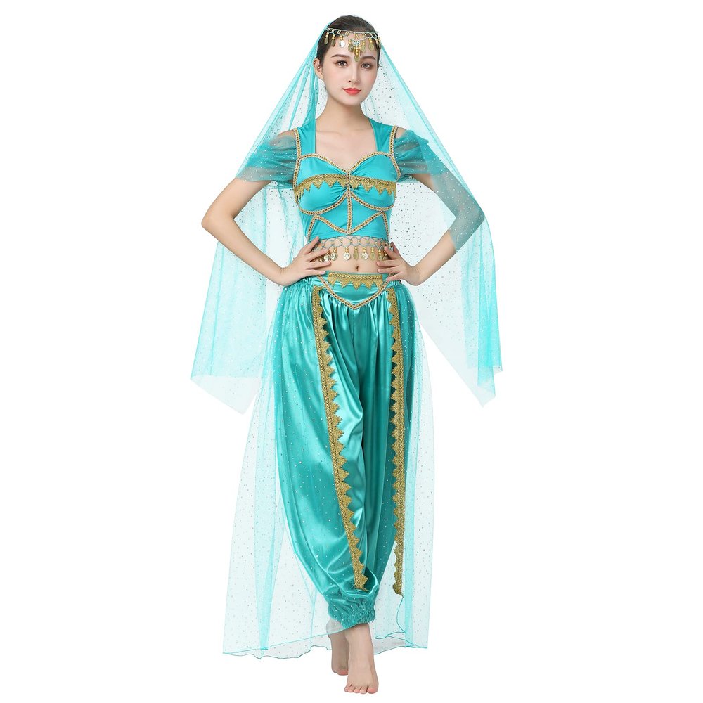 AFAVOM Women Belly Dance Costumes India Belly Dancer Outfit Crop Top with Pants Dress up Princess Halloween Performance Latin Dancing Coins Bra Top Pants and Headpiece with Scarf 3PCS Set Green L
