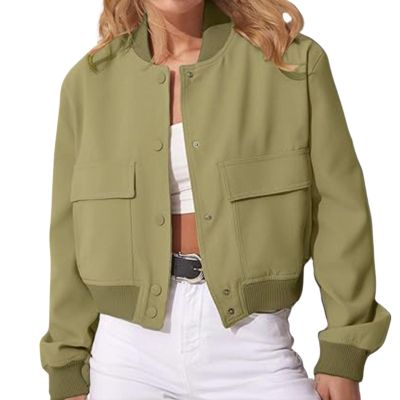 Zhyaj Fall Cropped Bomber Jackets for Women 2024 Y2k Long Sleeve Button Down Baseball Varsity Jacket Casual Trendy Outwear Coat with Pockets, Grass Green, Small