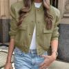 Zhyaj Fall Cropped Bomber Jackets for Women 2024 Y2k Long Sleeve Button Down Baseball Varsity Jacket Casual Trendy Outwear Coat with Pockets, Grass Green, Small view 2