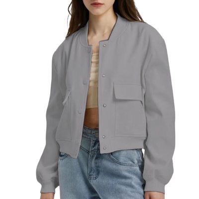 Zhyaj Fall Cropped Bomber Jackets for Women 2024 Y2k Long Sleeve Button Down Baseball Varsity Jacket Casual Trendy Outwear Coat with Pockets, Gray, Small