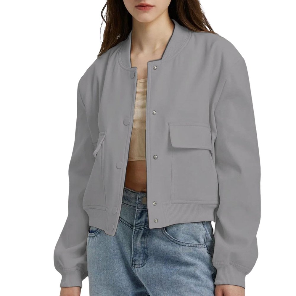 Zhyaj Fall Cropped Bomber Jackets for Women 2024 Y2k Long Sleeve Button Down Baseball Varsity Jacket Casual Trendy Outwear Coat with Pockets, Gray, Small