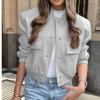 Zhyaj Fall Cropped Bomber Jackets for Women 2024 Y2k Long Sleeve Button Down Baseball Varsity Jacket Casual Trendy Outwear Coat with Pockets, Gray, Small view 2