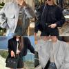 Zhyaj Fall Cropped Bomber Jackets for Women 2024 Y2k Long Sleeve Button Down Baseball Varsity Jacket Casual Trendy Outwear Coat with Pockets, Gray, Small view 4