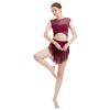 AFAVOM Women's Lyrical Dance Mesh Dress Adult Cutout Modern Contemporary Dance Costumes Elegant Ballet Leotards Flowy Skirt with Shorts Dancewear Asymmetric Chiffon Dress Wine Red XL view 4