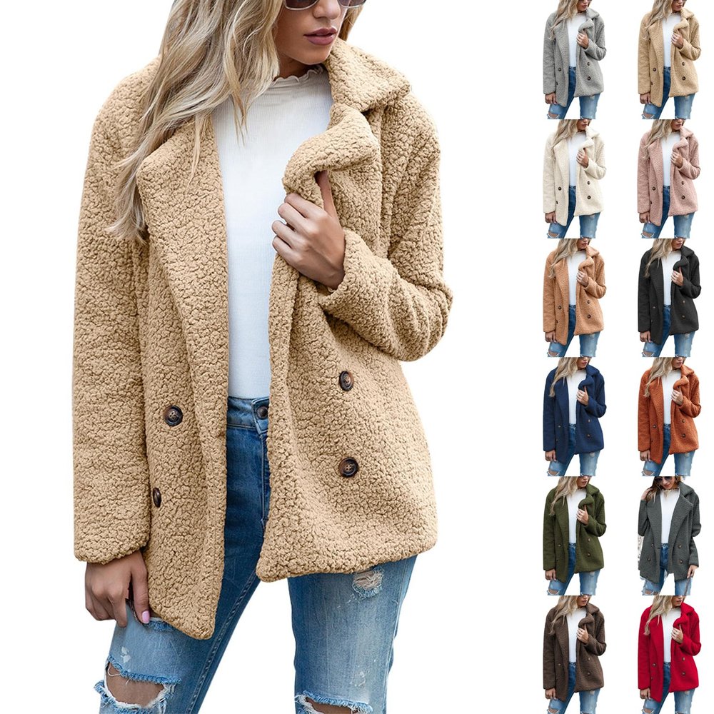 Jielayou Women Sherpa Jacket Button Down Lapel Fuzzy Fleece Jacket Long Sleeve Comfy Plush Teddy Bear Jacket Trendy Winter Coats Shaggy Warm Outerwear with Pockets Soft Faux Fur Coat Oversized Jacket