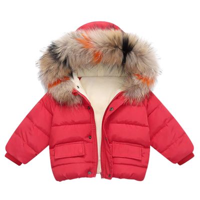 Baby Boy Girl Winter Coat Thick Warm Fleece Lined Hooded Puffer Jacket Fur Collar Down Outerwear (Red, 18-24 Months)
