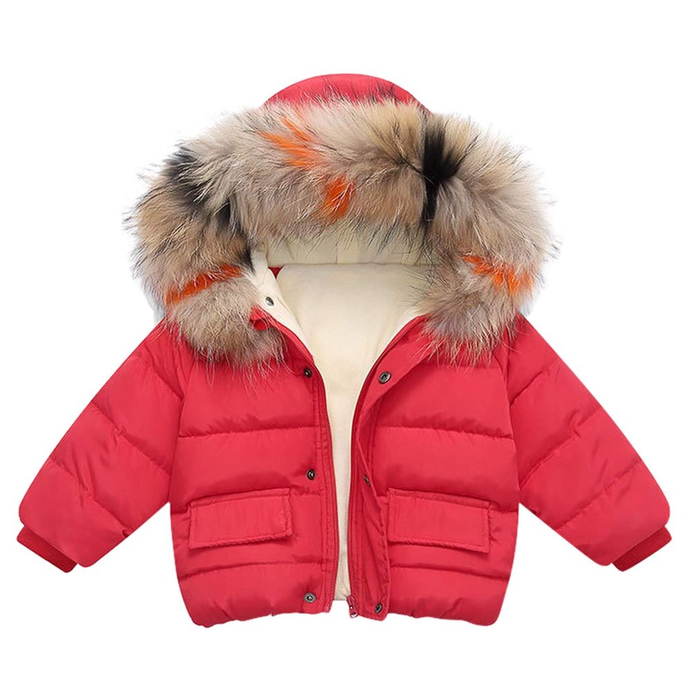 Baby Boy Girl Winter Coat Thick Warm Fleece Lined Hooded Puffer Jacket Fur Collar Down Outerwear (Red, 18-24 Months)
