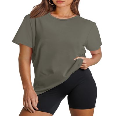 OFEEFAN Summer Tops for Women 2026 Trendy Yoga Crew Neck Tops Woman Loose Fit Workout Shirts Women Olive Green M