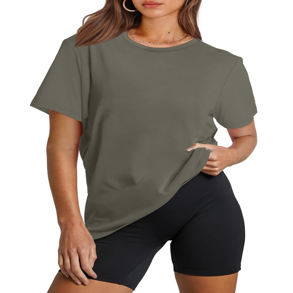 OFEEFAN Summer Tops for Women 2026 Trendy Yoga Crew Neck Tops Woman Loose Fit Workout Shirts Women Olive Green M