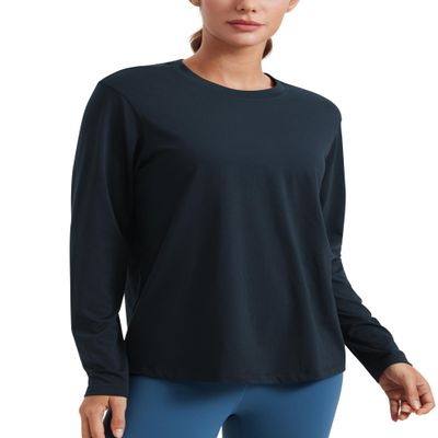 CRZ YOGA Womens Long Sleeve Tops High Crew Neck Casual Fall Shirts Basic Quick Dry Workout Athletic T-Shirt True Navy Large