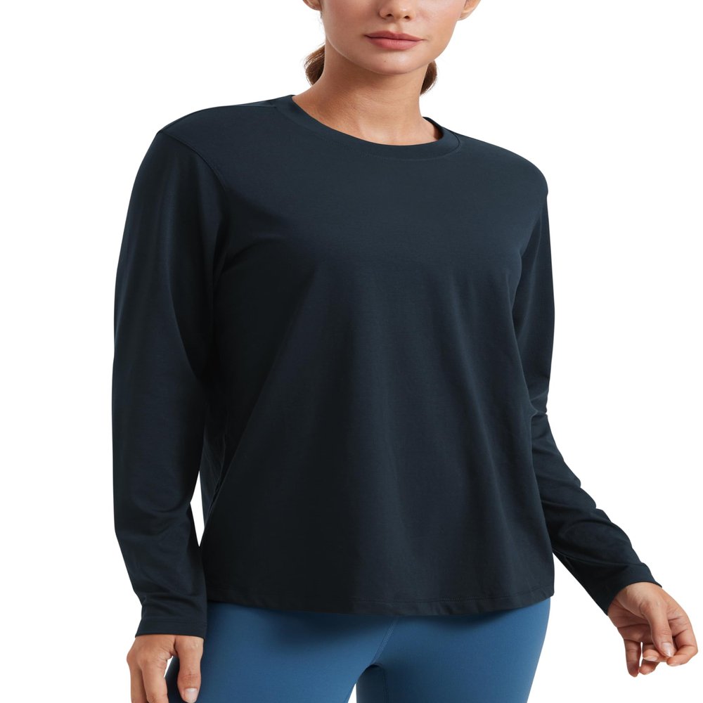 CRZ YOGA Womens Long Sleeve Tops High Crew Neck Casual Fall Shirts Basic Quick Dry Workout Athletic T-Shirt True Navy Large