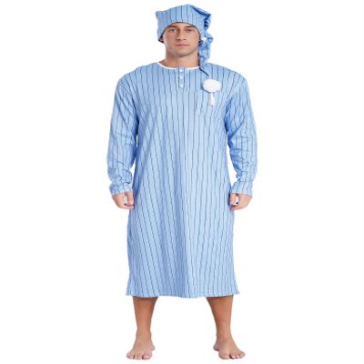 Rswnyirn Men's Striped Loose Sleepwear Long Sleeve Nightshirt Night Pajama Set with Sleeping Cap Dusty Blue Medium