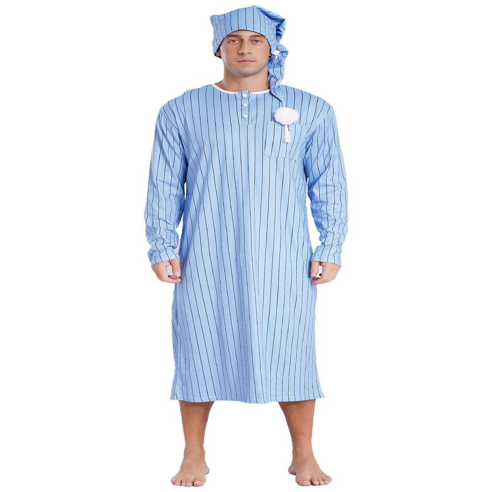 Rswnyirn Men's Striped Loose Sleepwear Long Sleeve Nightshirt Night Pajama Set with Sleeping Cap Dusty Blue Medium
