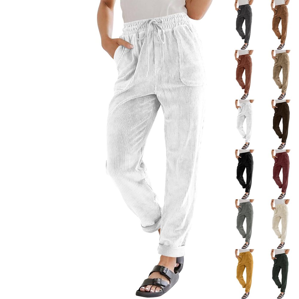 Corduroy Pants for Women - Trendy Drawstring Elastic High Waist Straight Leg Loose Comfy Lounge Sweatpants, Wide Leg Casual & Work Pants for Fall 2024 Fashion