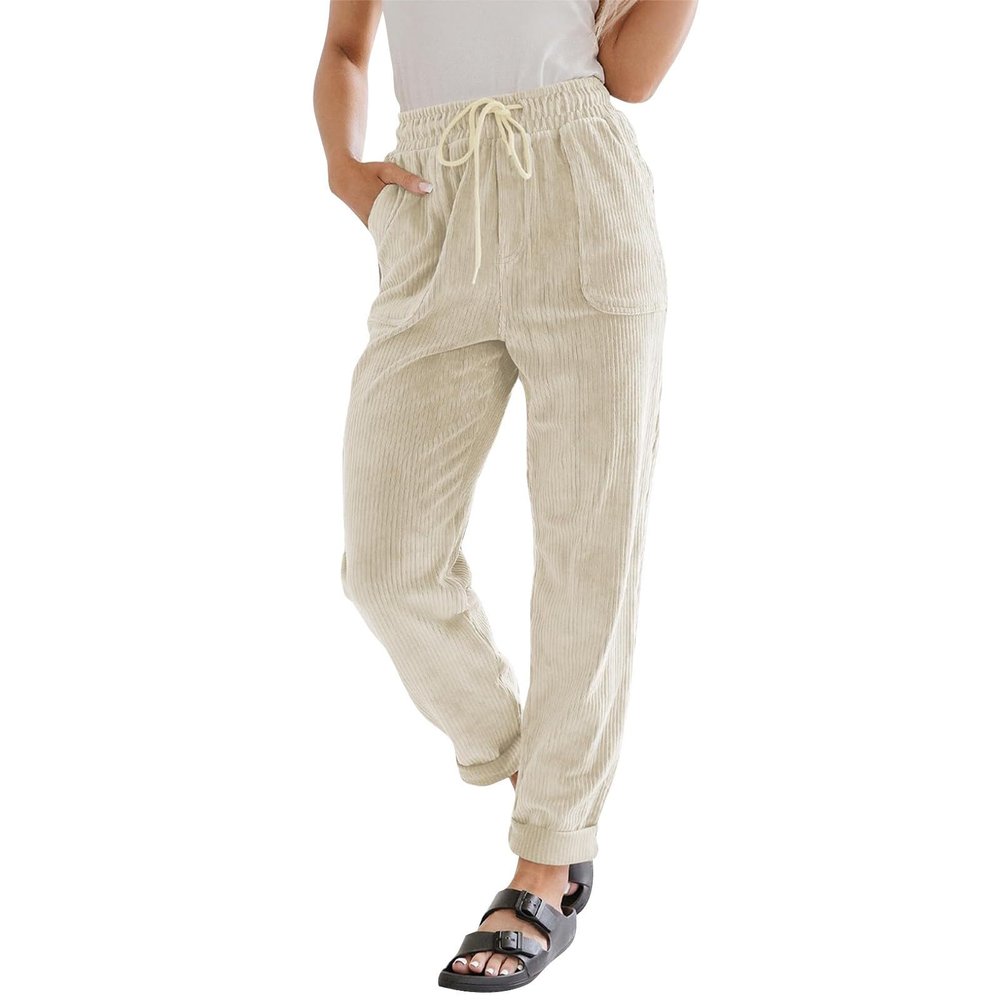 Corduroy Pants for Women - Trendy Drawstring Pants with Elastic High Waist, Straight Leg, Loose Comfy Fit, Wide Leg Sweatpants for Casual Work & Fall Fashion 2024