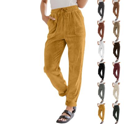 Corduroy Pants for Women - Trendy Drawstring, Elastic High Waist, Straight Leg, Loose Comfy Fit, Wide Leg, Sweatpants - Womens Casual, Fall Fashion 2024, Teacher Pants