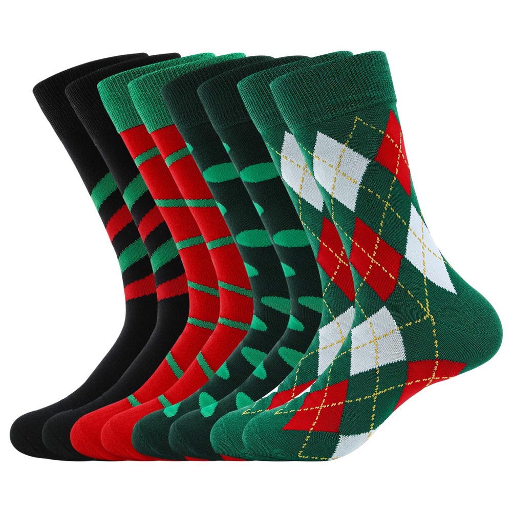 WANDER Men's Christmas Socks Gifts Dress Socks Fun Crazy Cotton Calf Crew Socks (Shoe Size:13-15,8 Pairs Holiday Socks)