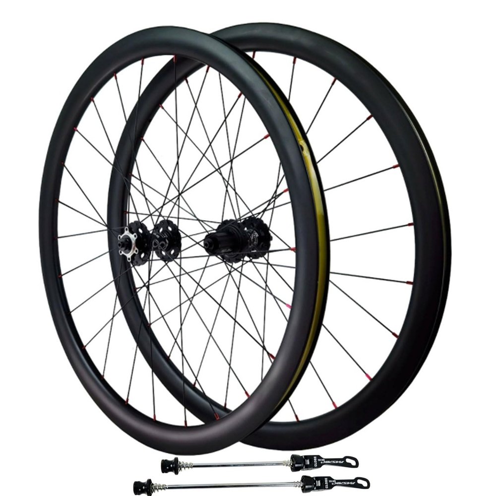 GEIRONV 700C Off Road Racing Bike Wheel Set, Carbon Fibre 20/24H Disc Brake Front 2 Rear 4 Bearings Quick Release Rim 7-11 Speeds 23C-38C Tire(50MM)