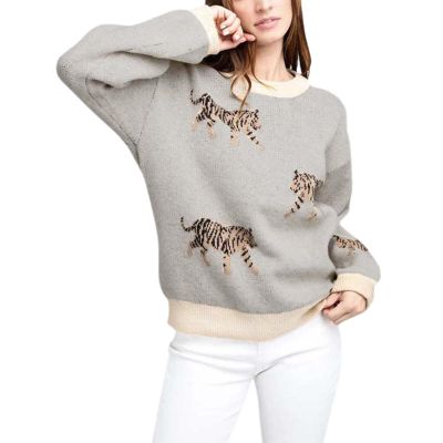 Women Oversized Knit Sweater Tiger Print Long Sleeve Pullover Tops Aesthetic Clothes Streetwear Knitwear (Gray, M)
