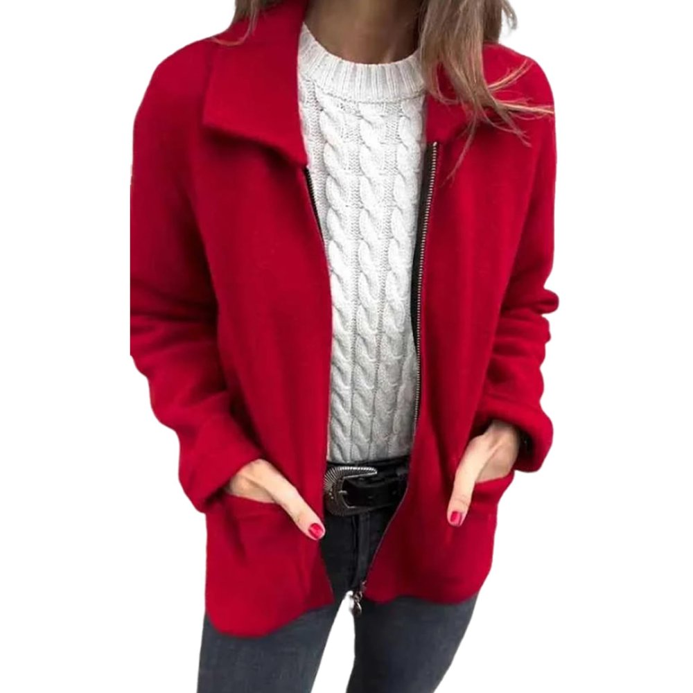 Women's Knitted Jacket with Zipper and Pockets,Womens Fuzzy Winter Coat,Full Zip Plush Cardigan Coats (Red,L)