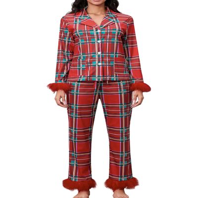 KMBANGI Women Feather Trim Pajama Set Long Sleeve Button Up Top and Pants Fur Trim 2Piece Lounge Set Silky Satin Pjs Santa Holiday Sleepwear(Christmas Red,2XL)