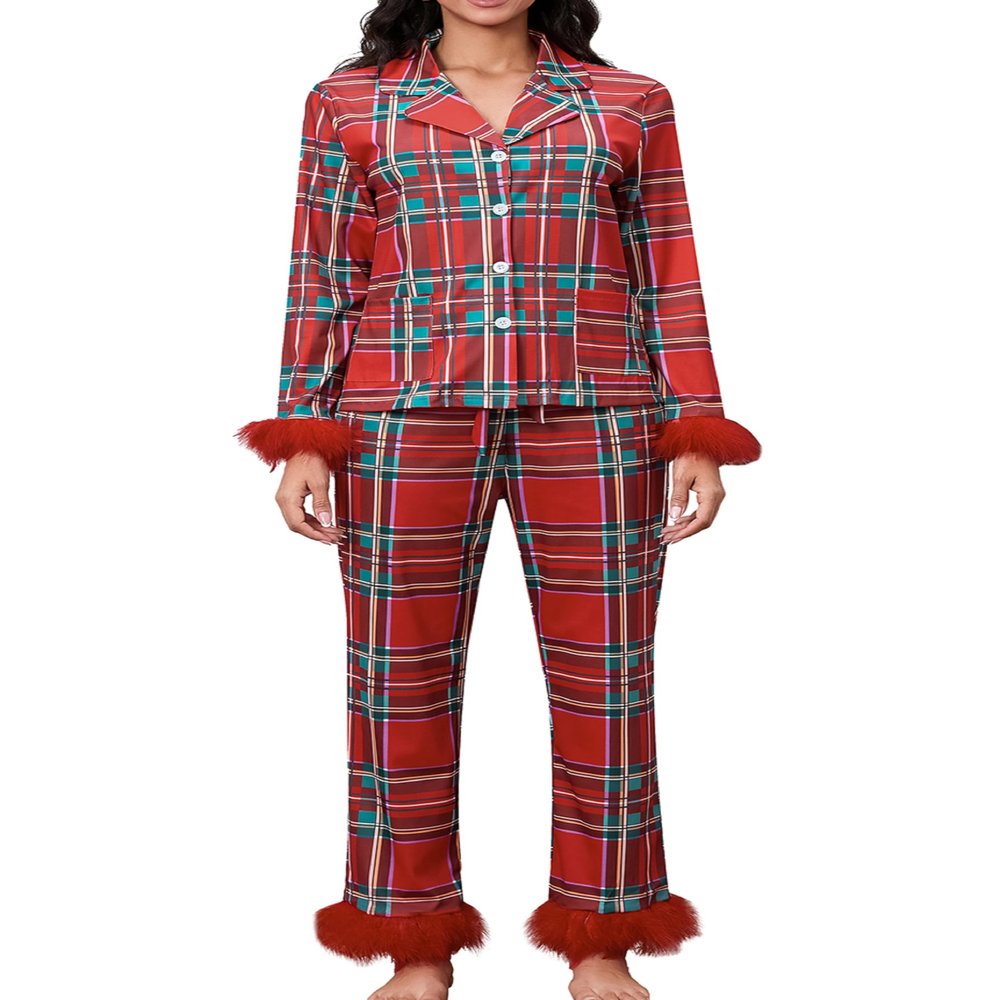 KMBANGI Women Feather Trim Pajama Set Long Sleeve Button Up Top and Pants Fur Trim 2Piece Lounge Set Silky Satin Pjs Santa Holiday Sleepwear(Christmas Red,2XL)