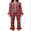 KMBANGI Women Feather Trim Pajama Set Long Sleeve Button Up Top and Pants Fur Trim 2Piece Lounge Set Silky Satin Pjs Santa Holiday Sleepwear(Christmas Red,2XL) view 1