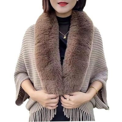 Shawl, Knitting Thick Women's Loose Shawl with Fur Collar, Soft Warm Knitted Shawls & Wraps (Brown)