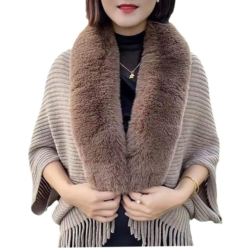 Shawl, Knitting Thick Women's Loose Shawl with Fur Collar, Soft Warm Knitted Shawls & Wraps (Brown)