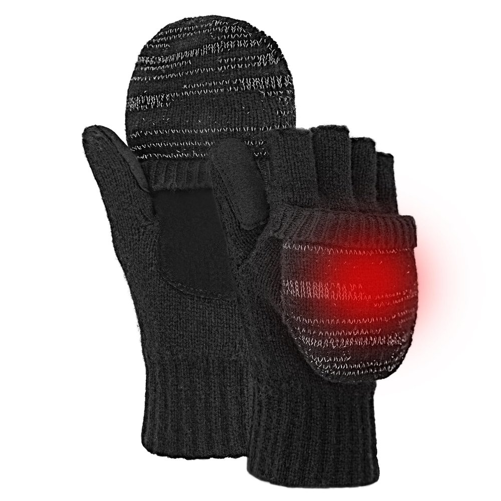 BERGWEISER Flip Winter Gloves, Wool Fingerless Gloves for Women Men Cold Weather, Mittens with Reflective & Magnetic Button Closure for Christmas Gifts