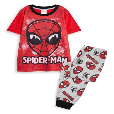 Marvel Spiderman Boys 2 Piece Pajama Set | Kids Red & Grey All Over Print Long Leg Bottoms & Night Top | Childrens Short Sleeve PJs with Spideman Character Mask Graphic Print | Superhero Movie Gift