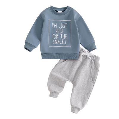 Baby Boy Fall Clothes Set Long Sleeve Letter Print Sweatshirt Pants Toddler Infant Outfits 6 12 18 24 Months 2T (Snacks Blue, 12-18 Months)