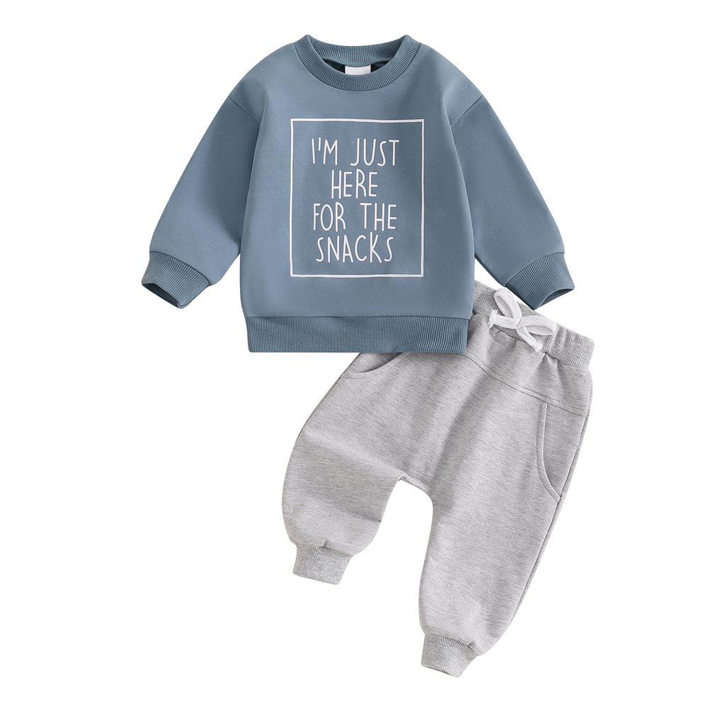 Baby Boy Fall Clothes Set Long Sleeve Letter Print Sweatshirt Pants Toddler Infant Outfits 6 12 18 24 Months 2T (Snacks Blue, 12-18 Months)