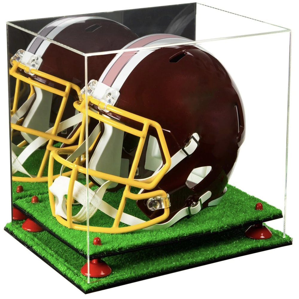 Acrylic Display Case for Full Size Football Helmet  Premium Football Display Case with Mirror Back, Green Turf Base & Metal Risers Protects Sports Memorabilia & Collectibles (A002/V44)