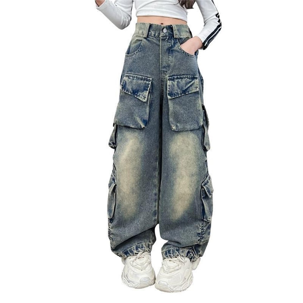 AIMAOMI Girls Cargo Pants Clothes Elastic Waist Drawstring Cotton Jogger Pants for Girls with Multi (Blue, 13-14 Years)