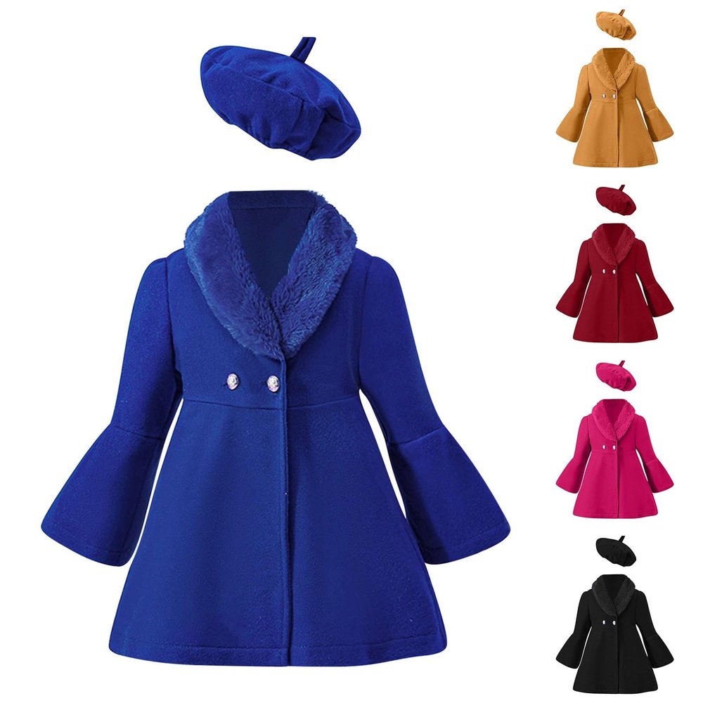 AIMAOMI Toddler Girls Wool Dress Coats Kids Winter Warm Jacket Double-breasted Outerwear with Beret Hat Girl (Red, 3-4 Years)