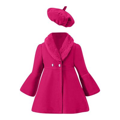 AIMAOMI Toddler Kids Girls Trench Jacket Long Sleeve Fury Collar Warm Peacoat with Beret Hat Set for Casual (Black, 18-24 Months)