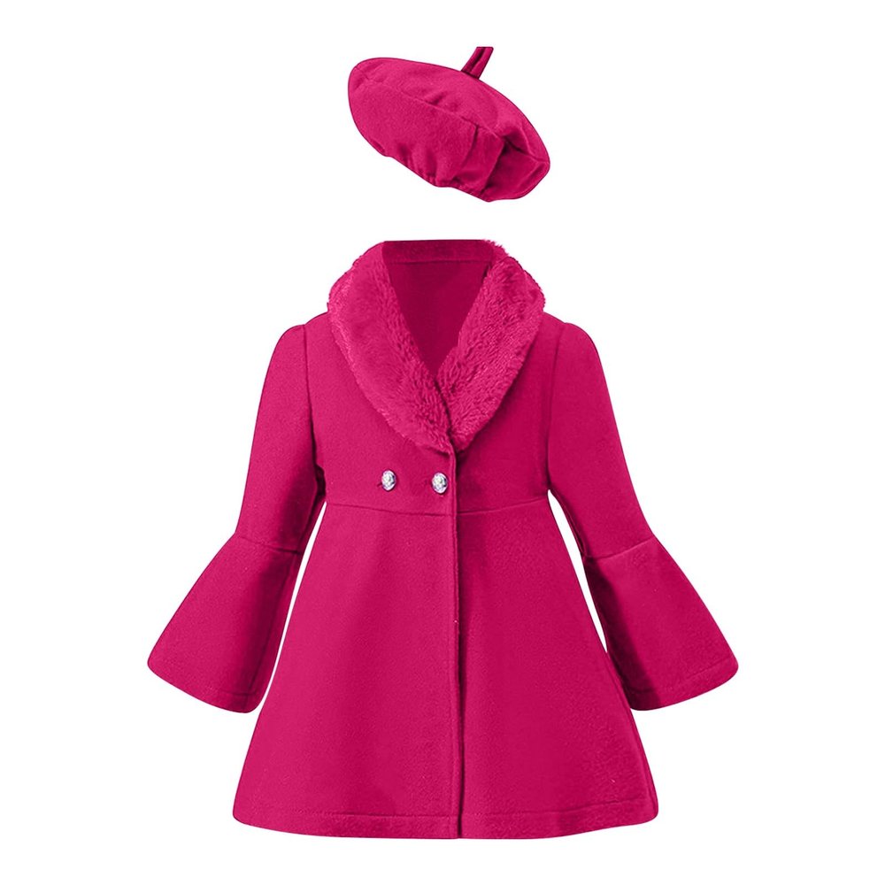 AIMAOMI Toddler Kids Girls Trench Jacket Long Sleeve Fury Collar Warm Peacoat with Beret Hat Set for Casual (Black, 18-24 Months)