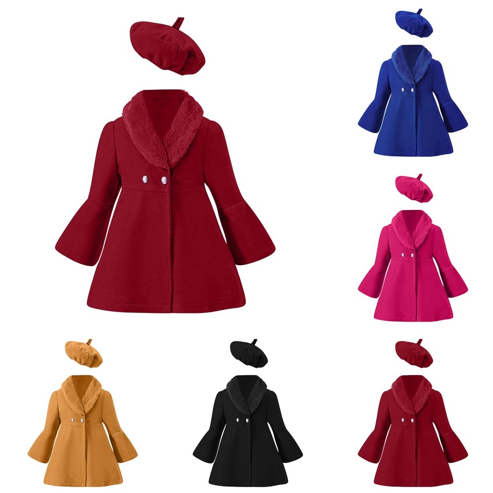 AIMAOMI Girls Trench Coats Long Sleeve Furry Collar Warm Peacoat with Beret Hat Set for Casual Wear Toddler (Blue, 4-5 Years)